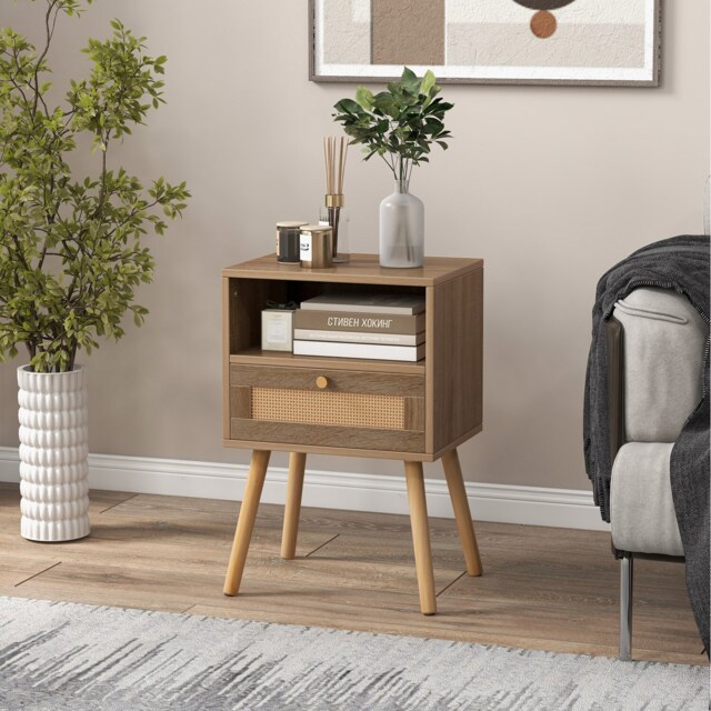 COSTWAY Rattan Nightstand Set of 1 with Drawer Yellow