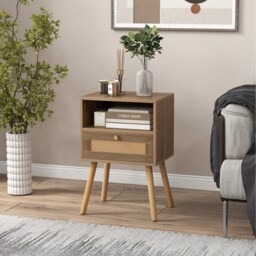 COSTWAY Rattan Nightstand Set of 1 with Drawer Yellow