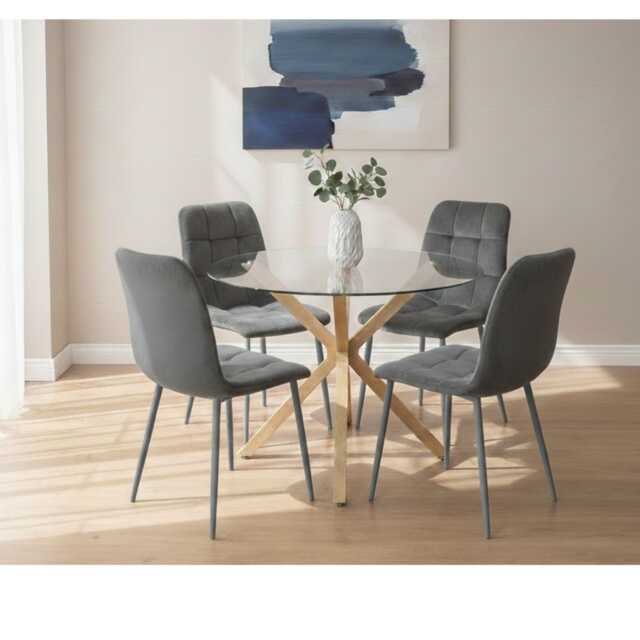 Round Glass Dining Table Set With 4 grey velvet Chairs Dining Room Furniture