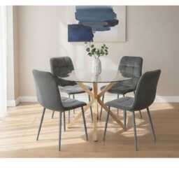 Round Glass Dining Table Set With 4 grey velvet Chairs Dining Room Furniture