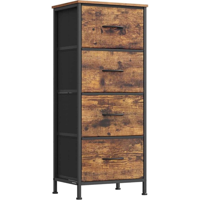 Modern Fabric Chest of Drawers, 4-Drawer Bedroom Storage Unit for Closet, Hallway and Living Room, Rustic Brown and Ink Black