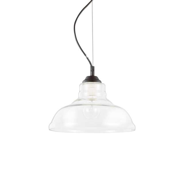Bistro 1 Light Dome Ceiling Pendant Black Clear Blown Glass Plate, E27