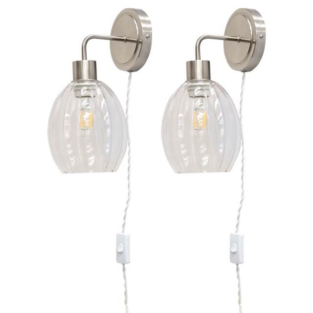 Set of 2 Toby - Satin Nickel Plug in Wall Lights Fluted Shades