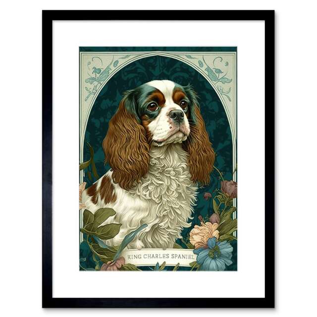 "King Charles Spaniel Dog Flower Blooms Art Nouveau 9x7"" Black Framed Wall Art Print"