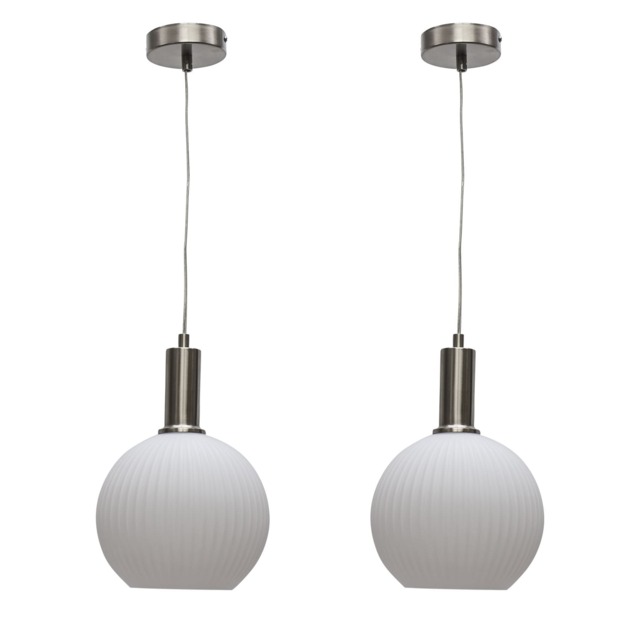 Set of 2 Betchley - White Ribbed Globe Satin Nickel Deco Pendants