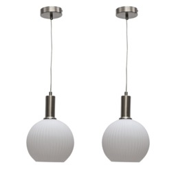 Set of 2 Betchley - White Ribbed Globe Satin Nickel Deco Pendants