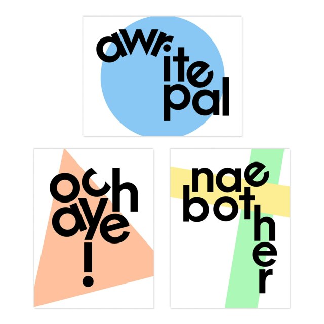 Set of 3 Scottish Slang Words Awrite Pal Och Aye Nae Bother Pastel Wall Art Print A4
