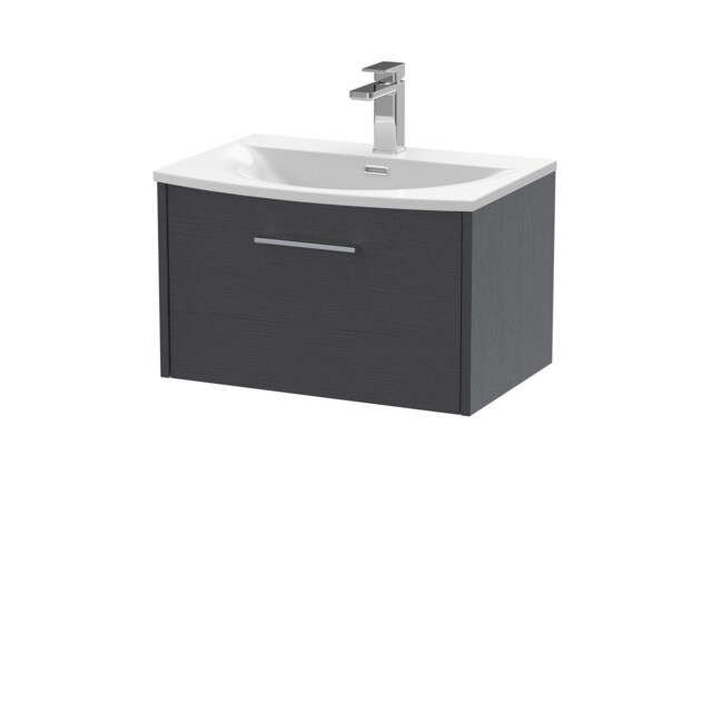 Balterley Winshill Contemporary 1 Drawer Wall Hung Vanity Unit with Curved Basin, Woodgrain Dark Grey, 600mm