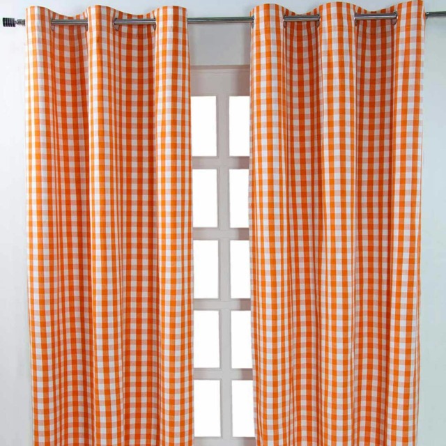 Homescapes Cotton Block Check Gingham Eyelet Curtains - 137 x 182 cm Orange Orange