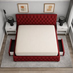 Chesterfield 2ft6 small single maroon plush divan bed set storage no drawers 2 Drawers Left Side Laying in Bed
