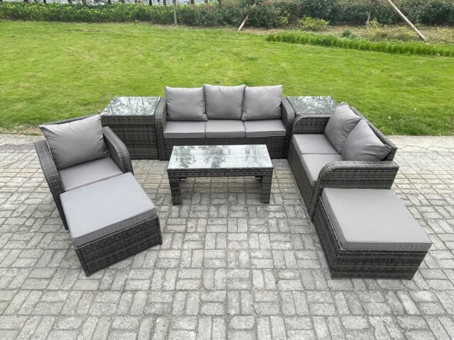 Fimous 8 Seater High Back Rattan Garden Furniture Set with Reclining Chair Rectangular Coffee Table 2 Side Tables 2 Big Footstool Indoor Outdoor Patio Lounge Sofa Set Dark Grey Mixed