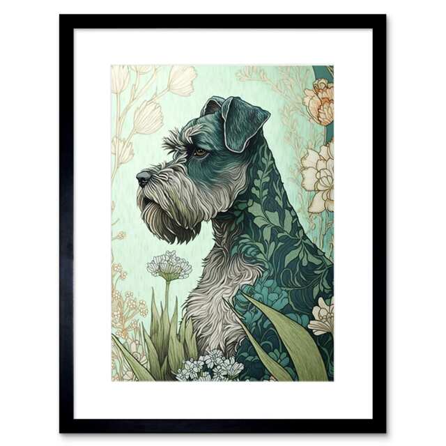 "Grey Schnauzer Dog Floral Pattern Fur Coat Flowers 9x7"" Black Framed Wall Art Print"