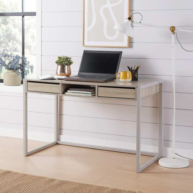 Office Desk Concrete Effect Workstation 2 Drawer Shelf Storage Black Metal Legs Brown