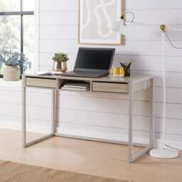 Office Desk Concrete Effect Workstation 2 Drawer Shelf Storage Black Metal Legs Brown