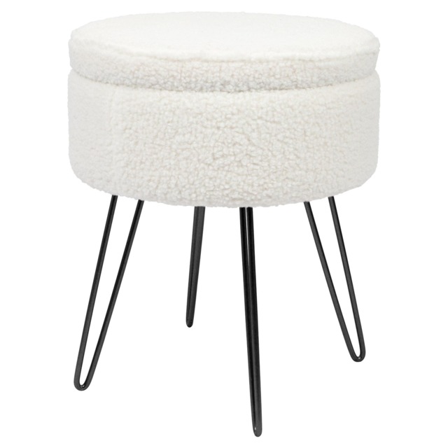 Harbour Housewares Boucle Storage Footstool - Round Modern Dressing Table Footstool Vanity Seat Chairs - 46 x 37cm Black Legs Black Cream/Black Pack of 1 1