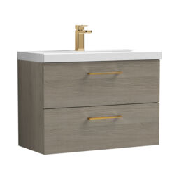 Balterley Wall Hung Bathroom 2 Drawer Vanity Unit and 1 Tap Hole Ceramic Basin, Woodgrain Mid Oak & Handles Brown