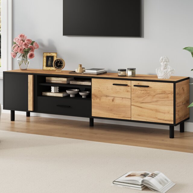 VILUXE 180cm TV Stand for TVs up to 80 Inches with 3 Doors, Drawer, 2 Open Storage Areas, Cable Management and Anti-Tip Fitting, Black and Wood Effect