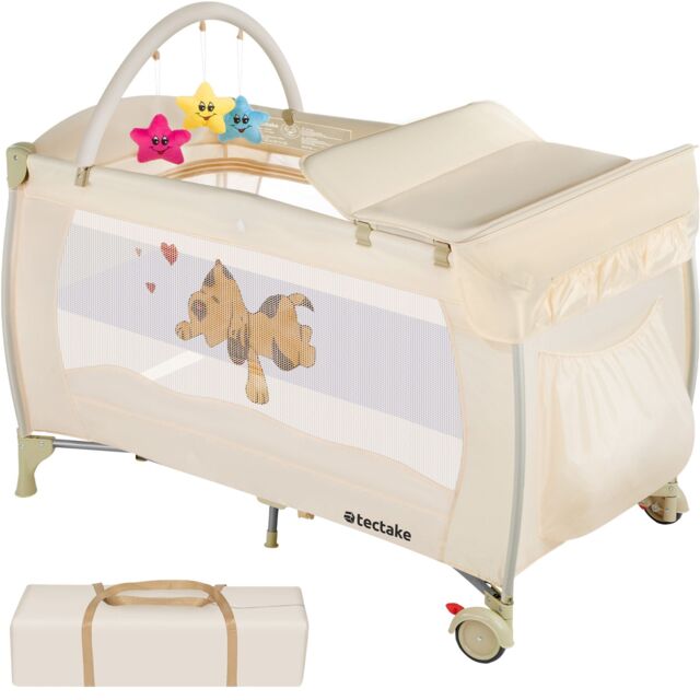 Travel Cot Dog - foldable, with changing mat, for children up to 36 months Cream beige 132 x 75 x 104 cm 1