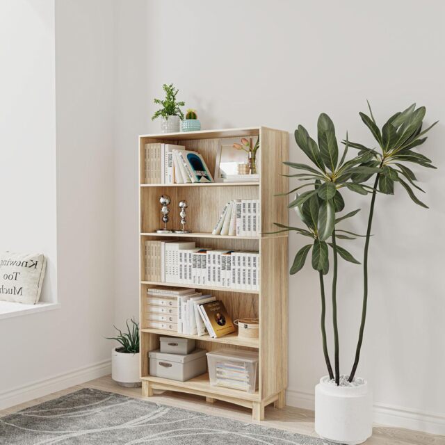 Wide Shelf Tier Wooden Bookcase Shelving Modern Open Display Storage Cabinet Multi Oak 5 Tier Wide 1