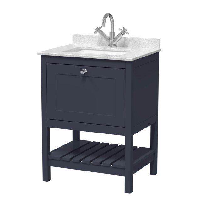 Traditional Furniture Floor Standing 1 Drawer Vanity & 1 Tap Hole Marble Worktop & Basin, 600mm, Indigo Blue Multi