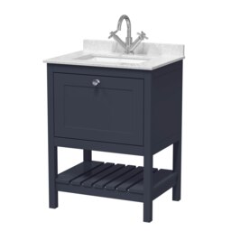 Traditional Furniture Floor Standing 1 Drawer Vanity & 1 Tap Hole Marble Worktop & Basin, 600mm, Indigo Blue Multi