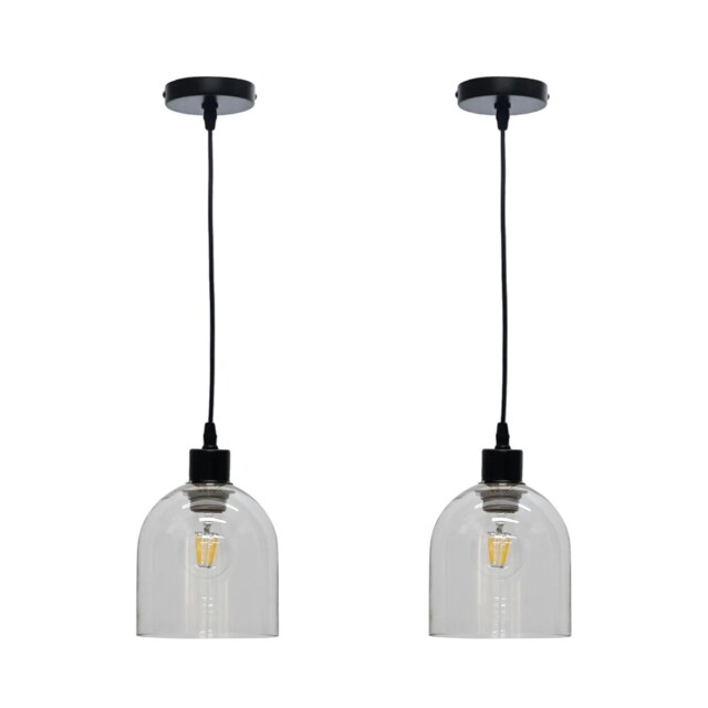 Set of 2 Belten - Clear Glass Cloche with Black Pendant Fittings Clear Clear 2