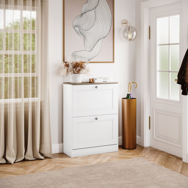 Vida Designs 2 Drawer Compact Shoe Cabinet Hallway Home Entrance Storage Unit - White & Oak
