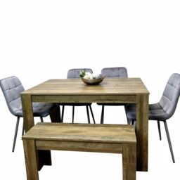 Rustic Wooden Dining Table Set for 6 with 4 Grey Velvet Chairs and Bench