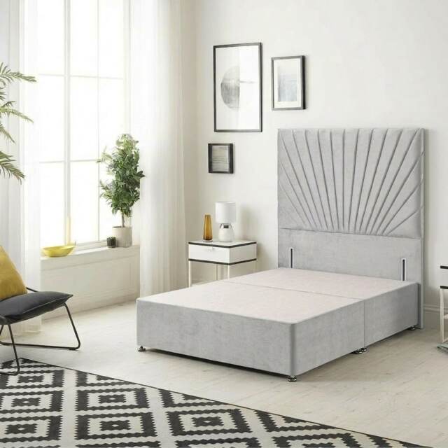Sunburst Divan Bed with 54'' Floor Standing Headboard Plush Velvet Silver Silver