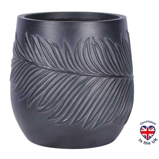 Leaf Embossed Black Garden Round Planter, Outdoor Plant Pot by Idealist Lite D30 H31.5 cm, 18L