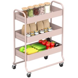 HOMCOM 3-Tier Storage Trolley, Storage Cart with Mesh Backets, Wheels Pink Pink
