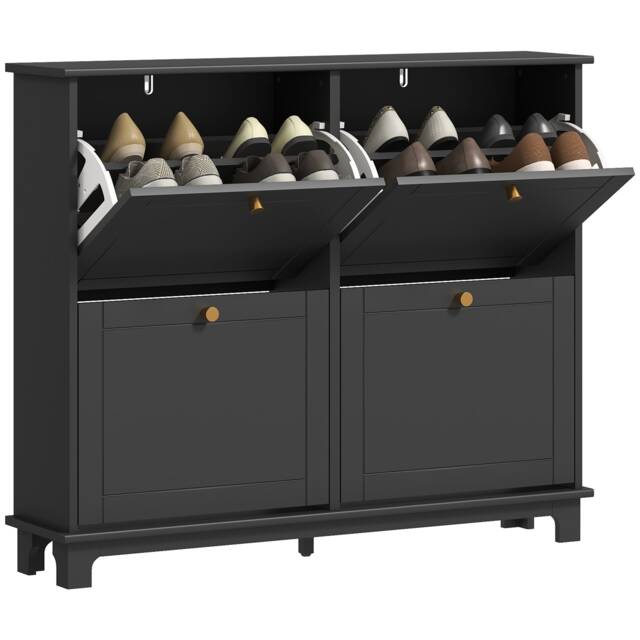HOMCOM Narrow Shoe Cabinet with 4 Flip Drawers Adjustable Shelves, Black Black Gold 1