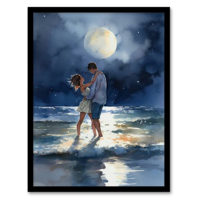 Dancing Waves Watercolour Yellow Couple Black Framed Wall Art Print A4