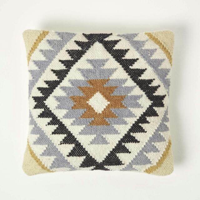 Homescapes Agra Handwoven Kilim Cushion with Feather Filling - 45 x 45 cm Multi Yellow, gold, grey, black and white 1