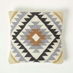 Homescapes Agra Handwoven Kilim Cushion with Feather Filling - 45 x 45 cm Multi Yellow, gold, grey, black and white 1