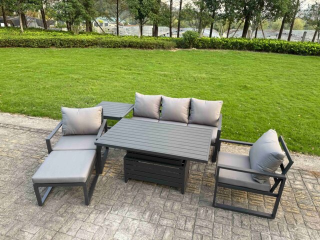 Fimous 6-Piece Aluminium Garden Furniture Sets 6 Seater Outdoor Sofa Set with Adjustable Rising Lifting Dining Table 2 Chairs Big Footstool Side Table
