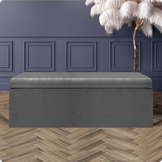 120cm Large Plain Safar Storage Ottoman Box, Grey Plush Velvet Upholstered Deep Storage Ottoman End of Bed Bench