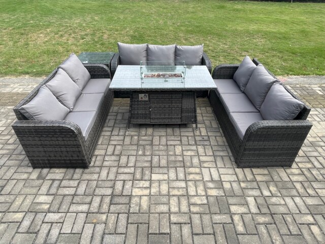 Fimous Rattan Furniture Garden Dining Set Gas Fire Pit Table With Side Table 3 Seater Sofa Dark Grey Mixed