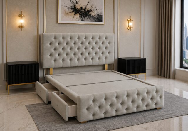 Brooklyn Divan Bed with Upholstered Headboard & Footboard Base - Double Silver Naples No Storage