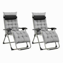 Neo 2pcs Grey Zero Gravity Sun Lounger With Padded Cushions Foldable Reclining Chair Portable Garden Furniture Camping Thick Comfortable Non-Slip Relaxer Indoor & Outdoor
