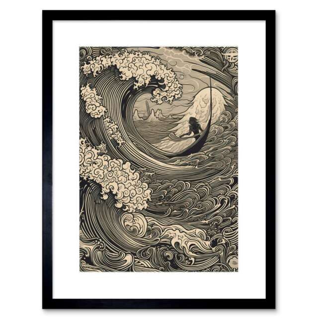 "Jonah Storm at Sea Waves Bible Scene 9x7"" Black Framed Wall Art Print"