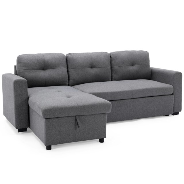 Newport Fabric Corner 3 Seater Sofa Bed w Storage Left or Right Side (Grey)