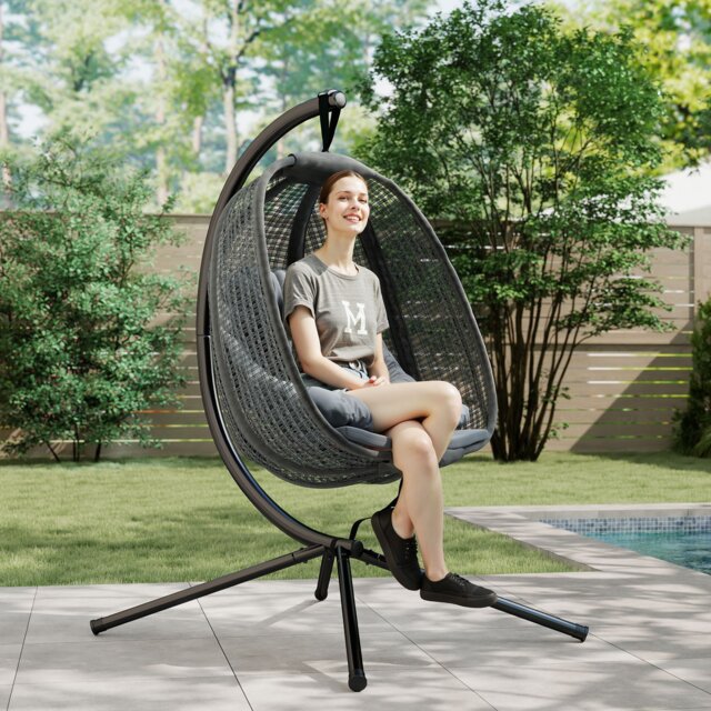 Outsunny Outdoor Swing Chair with Thick Padded Cushion, Patio Hanging Chair with Metal Stand, Egg Chair with Foldable Basket, Cup Holder, for Indoor and Outdoor, Dark Grey Grey Dark Grey