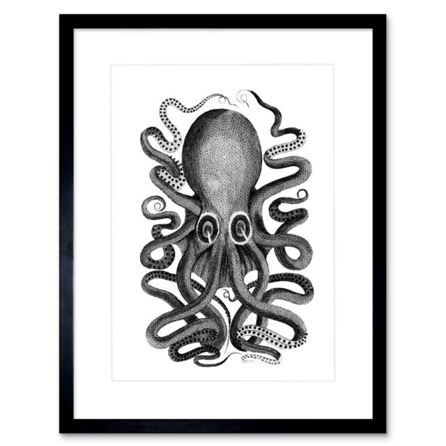 "Octopus Vintage Design Black White Sea Animal Bathroom 9x7"" Black Framed Wall Art Print"