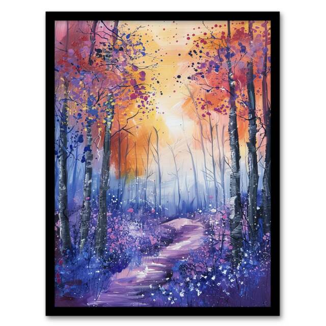 Bluebell Woods Abstract Violet Forest Home Decor Black Framed Wall Art Print A4