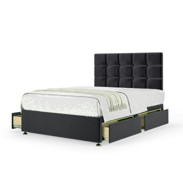 Graphite Plush Velvet 4 Drawer Divan Base and Pearl Headboard Super King