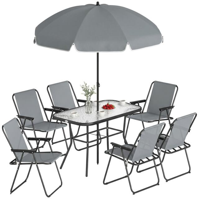 Outsunny 8 Piece Garden Dining Set with 6 Folding Chairs and Umbrella Grey Grey and Black