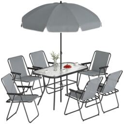 Outsunny 8 Piece Garden Dining Set with 6 Folding Chairs and Umbrella Grey Grey and Black
