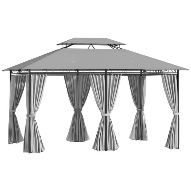 Outsunny 4m x 3(m) Outdoor 2-Tier Steel Frame Gazebo w/ Curtains Outdoor Garden Grey Dark Grey