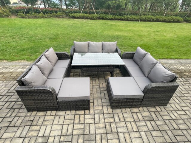 Fimous Patio Rattan Garden Furniture Set with Oblong Rectangular Dining Table 11 Seater Outdoor Lounge Sofa Set Dark Grey Mixed